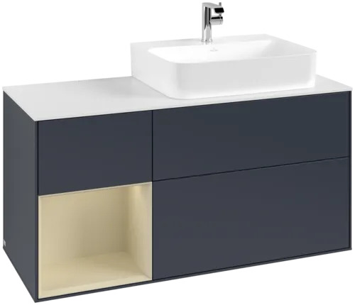 VILLEROY BOCH Toaletní skříňka Finion, s osvětlením, 3 výsuvy, 1200 x 603 x 501 mm, Midnight Blue Matt Lacquer / Silk Grey Matt Lacquer / Glass White Matt #F141HJHG