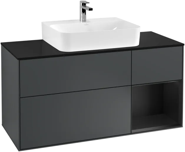 VILLEROY BOCH Toaletní skříňka Finion, s osvětlením, 3 výsuvy, 1200 x 603 x 501 mm, Midnight Blue Matt Lacquer / Black Matt Lacquer / Glass Black Matt #F172PDHG