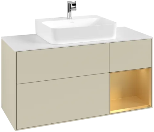 VILLEROY BOCH Toaletní skříňka Finion, s osvětlením, 3 výsuvy, 1200 x 603 x 501 mm, Silk Grey Matt Lacquer / Gold Matt Lacquer / Glass White Matt #F171HFHJ