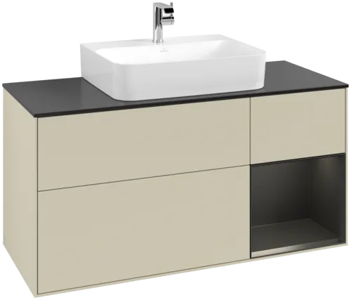 VILLEROY BOCH Toaletní skříňka Finion, s osvětlením, 3 výsuvy, 1200 x 603 x 501 mm, hedvábně šedý matný lak / černý matný lak / černé matné sklo #F172PDHJ