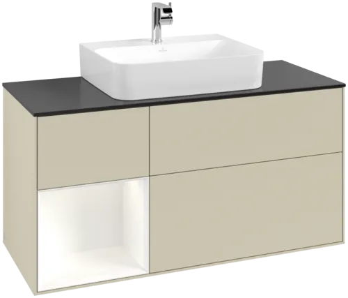 VILLEROY BOCH Toaletní skříňka Finion, s osvětlením, 3 výsuvy, 1200 x 603 x 501 mm, Silk Grey Matt Lacquer / White Matt Lacquer / Glass Black Matt #F162MTHJ