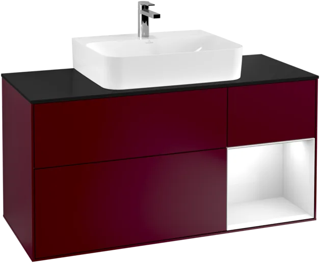 VILLEROY BOCH Toaletní skříňka Finion, s osvětlením, 3 výsuvy, 1200 x 603 x 501 mm, matný lak Peony / lesklý bílý lak / černé matné sklo #F172GFHB