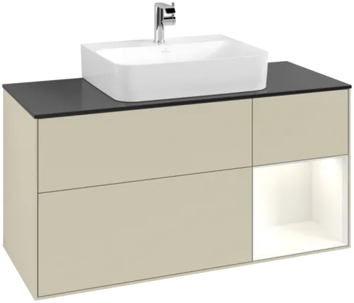 VILLEROY BOCH Toaletní skříňka Finion, s osvětlením, 3 výsuvy, 1200 x 603 x 501 mm, hedvábně šedý matný lak / lesklý bílý lak / černé matné sklo #F172GFHJ