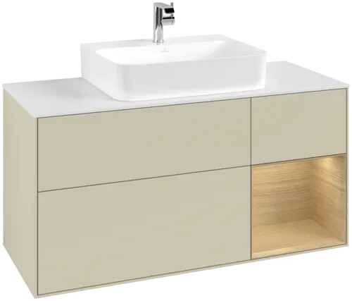 VILLEROY BOCH Toaletní skříňka Finion, s osvětlením, 3 výsuvy, 1200 x 603 x 501 mm, hedvábně šedý matný lak / dubová dýha / bílé matné sklo #F171PCHJ