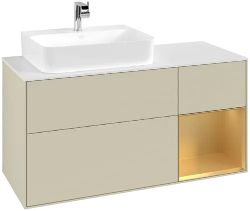 VILLEROY BOCH Toaletní skříňka Finion, s osvětlením, 3 výsuvy, 1200 x 603 x 501 mm, Silk Grey Matt Lacquer / Gold Matt Lacquer / Glass White Matt #F151HFHJ
