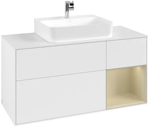 VILLEROY BOCH Toaletní skříňka Finion, s osvětlením, 3 výsuvy, 1200 x 603 x 501 mm, bílý matný lak / hedvábně šedý matný lak / bílé matné sklo #F171HJMT