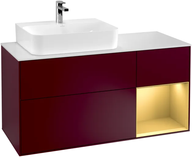 VILLEROY BOCH Toaletní skříňka Finion, s osvětlením, 3 výsuvy, 1200 x 603 x 501 mm, Peony Matt Lacquer / Gold Matt Lacquer / Glass White Matt #F151HFHB
