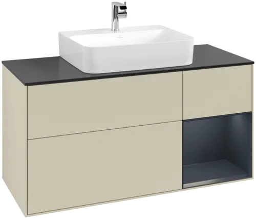 VILLEROY BOCH Toaletní skříňka Finion, s osvětlením, 3 výsuvy, 1200 x 603 x 501 mm, Silk Grey Matt Lacquer / Midnight Blue Matt Lacquer / Glass Black Matt #F172HGHJ