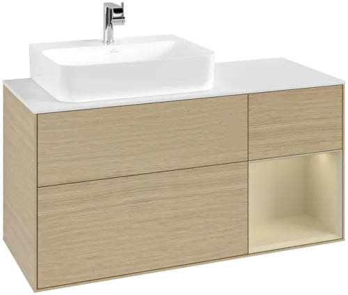 VILLEROY BOCH Toaletní skříňka Finion, s osvětlením, 3 výsuvy, 1200 x 603 x 501 mm, dubová dýha / hedvábně šedý matný lak / sklo bílé matné #F151HJPC