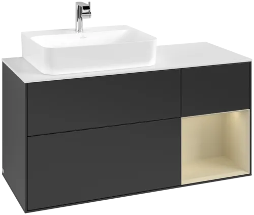 VILLEROY BOCH Toaletní skříňka Finion, s osvětlením, 3 výsuvy, 1200 x 603 x 501 mm, černý matný lak / hedvábně šedý matný lak / bílé matné sklo #F151HJPD
