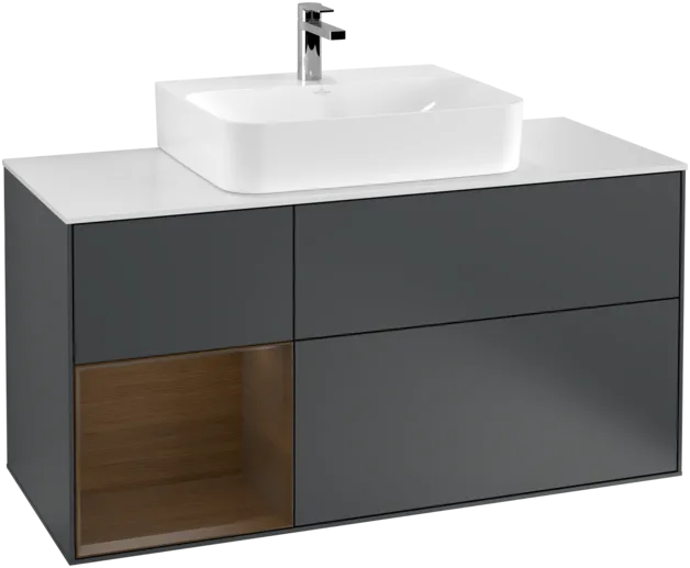VILLEROY BOCH Toaletní skříňka Finion, s osvětlením, 3 výsuvy, 1200 x 603 x 501 mm, půlnočně modrý matný lak / ořechová dýha / bílé matné sklo #F161GNHG