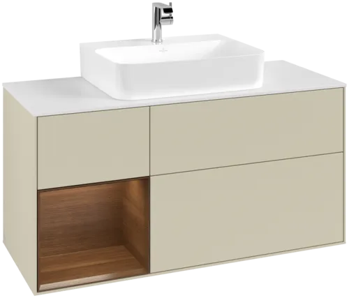 VILLEROY BOCH Toaletní skříňka Finion, s osvětlením, 3 výsuvy, 1200 x 603 x 501 mm, hedvábně šedý matný lak / ořechová dýha / sklo bílé matné #F161GNHJ