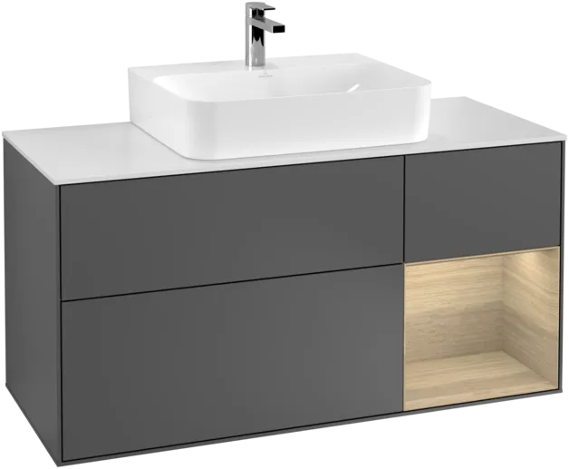 VILLEROY BOCH Toaletní skříňka Finion, s osvětlením, 3 výsuvy, 1200 x 603 x 501 mm, antracit matný lak / dubová dýha / sklo bílé matné #F171PCGK