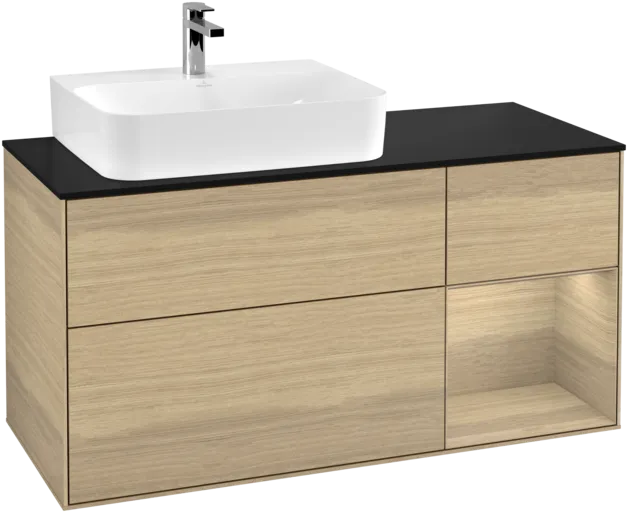 VILLEROY BOCH Toaletní stolek Finion, s osvětlením, 3 výsuvy, 1200 x 603 x 501 mm, dubová dýha / dubová dýha / sklo černé matné #F152PCPC