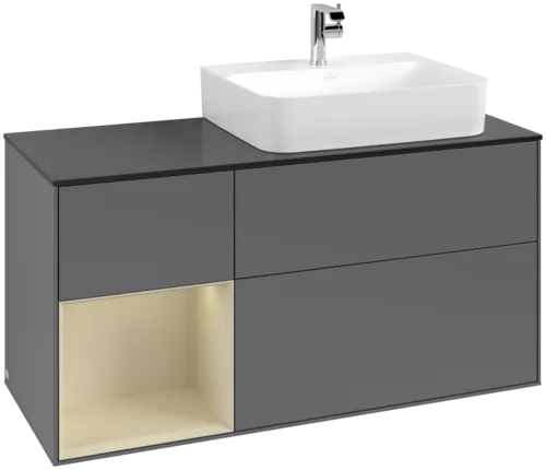 VILLEROY BOCH Toaletní skříňka Finion, s osvětlením, 3 výsuvy, 1200 x 603 x 501 mm, antracitový matný lak / hedvábně šedý matný lak / černé matné sklo #F142HJGK