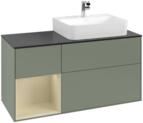 VILLEROY BOCH Toaletní skříňka Finion, s osvětlením, 3 výsuvy, 1200 x 603 x 501 mm, olivový matný lak / hedvábně šedý matný lak / černé matné sklo #F142HJGM