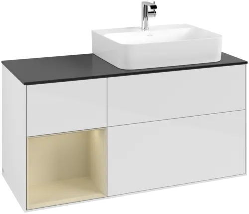 VILLEROY BOCH Toaletní skříňka Finion, s osvětlením, 3 výsuvy, 1200 x 603 x 501 mm, lesklý bílý lak / hedvábně šedý matný lak / černé matné sklo #F142HJGF