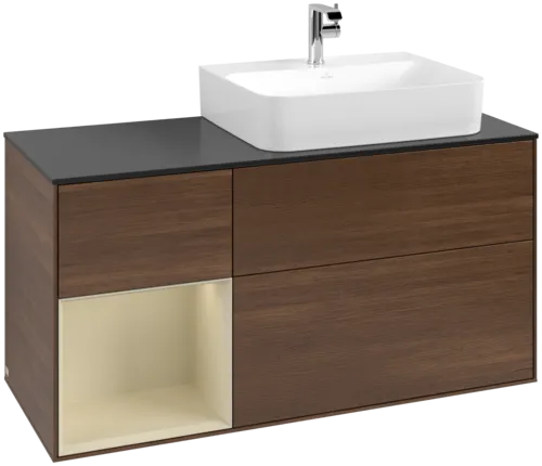 VILLEROY BOCH Toaletní skříňka Finion, s osvětlením, 3 výsuvy, 1200 x 603 x 501 mm, ořechová dýha / hedvábně šedý matný lak / sklo černé matné #F142HJGN