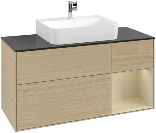 VILLEROY BOCH Toaletní skříňka Finion, s osvětlením, 3 výsuvy, 1200 x 603 x 501 mm, dubová dýha / hedvábně šedý matný lak / sklo černé matné #F172HJPC