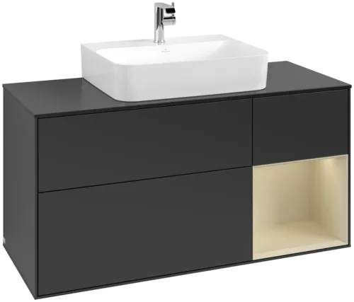 VILLEROY BOCH Toaletní skříňka Finion, s osvětlením, 3 výsuvy, 1200 x 603 x 501 mm, černý matný lak / hedvábně šedý matný lak / černé matné sklo #F172HJPD