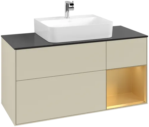 VILLEROY BOCH Toaletní skříňka Finion, s osvětlením, 3 výsuvy, 1200 x 603 x 501 mm, Silk Grey Matt Lacquer / Gold Matt Lacquer / Glass Black Matt #F172HFHJ