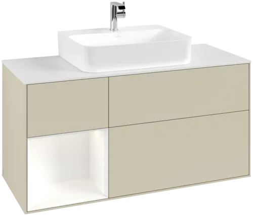 VILLEROY BOCH Toaletní skříňka Finion, s osvětlením, 3 výsuvy, 1200 x 603 x 501 mm, Silk Grey Matt Lacquer / White Matt Lacquer / Glass White Matt #F161MTHJ