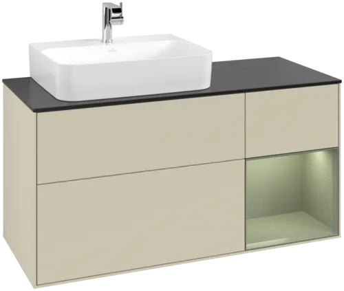 VILLEROY BOCH Toaletní skříňka Finion, s osvětlením, 3 výsuvy, 1200 x 603 x 501 mm, hedvábně šedý matný lak / olivový matný lak / černé matné sklo #F152GMHJ