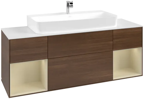 VILLEROY BOCH Toaletní skříňka Finion, s osvětlením, 4 výsuvy, 1600 x 603 x 501 mm, ořechová dýha / hedvábně šedý matný lak / sklo bílé matné #F211HJGN