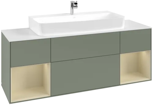 VILLEROY BOCH Toaletní skříňka Finion, s osvětlením, 4 výsuvy, 1600 x 603 x 501 mm, olivový matný lak / hedvábně šedý matný lak / bílé matné sklo #F211HJGM