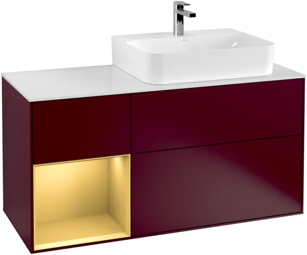 VILLEROY BOCH Toaletní skříňka Finion, s osvětlením, 3 výsuvy, 1200 x 603 x 501 mm, Peony Matt Lacquer / Gold Matt Lacquer / Glass White Matt #F141HFHB