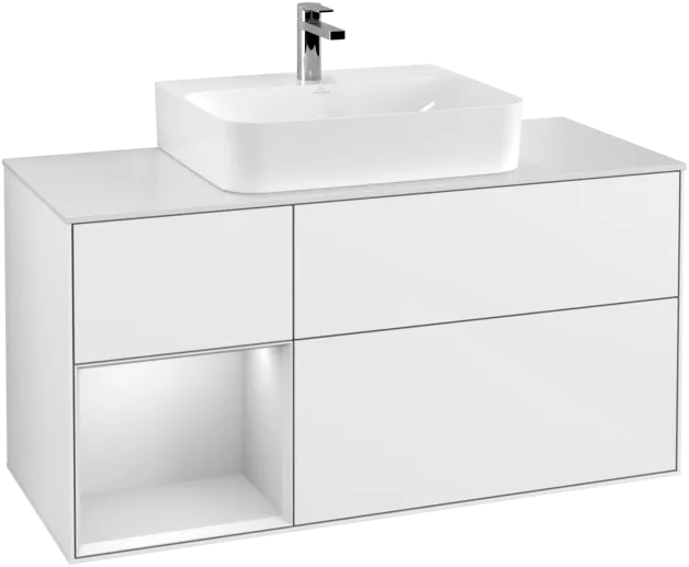 VILLEROY BOCH Toaletní skříňka Finion, s osvětlením, 3 výsuvy, 1200 x 603 x 501 mm, lesklý bílý lak / bílý matný lak / bílé matné sklo #F161MTGF