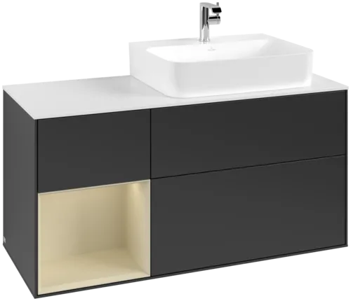 VILLEROY BOCH Toaletní skříňka Finion, s osvětlením, 3 výsuvy, 1200 x 603 x 501 mm, černý matný lak / hedvábně šedý matný lak / bílé matné sklo #F141HJPD