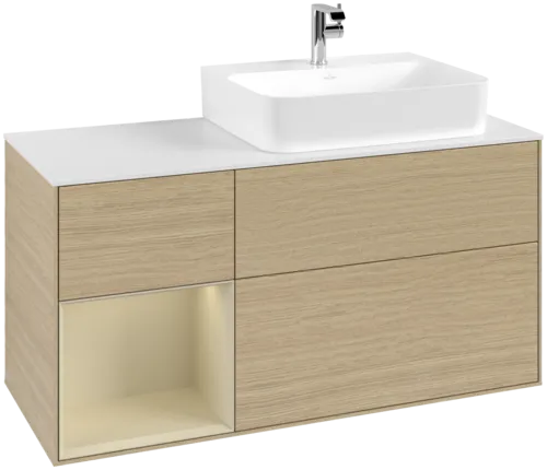 VILLEROY BOCH Toaletní skříňka Finion, s osvětlením, 3 výsuvy, 1200 x 603 x 501 mm, dubová dýha / hedvábně šedý matný lak / sklo bílé matné #F141HJPC