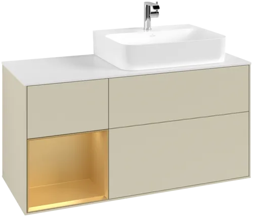 VILLEROY BOCH Toaletní skříňka Finion, s osvětlením, 3 výsuvy, 1200 x 603 x 501 mm, Silk Grey Matt Lacquer / Gold Matt Lacquer / Glass White Matt #F141HFHJ