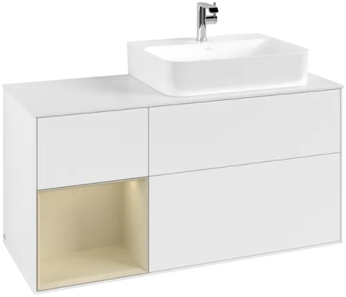VILLEROY BOCH Toaletní skříňka Finion, s osvětlením, 3 výsuvy, 1200 x 603 x 501 mm, bílý matný lak / hedvábně šedý matný lak / bílé matné sklo #F141HJMT