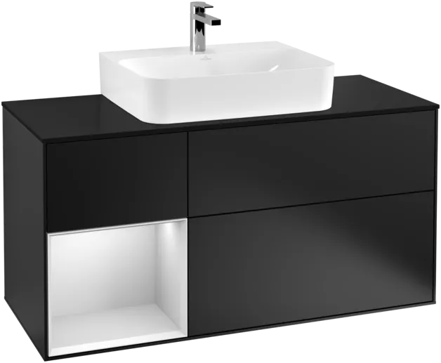 VILLEROY BOCH Toaletní skříňka Finion, s osvětlením, 3 výsuvy, 1200 x 603 x 501 mm, černý matný lak / bílý matný lak / černé matné sklo #F162MTPD