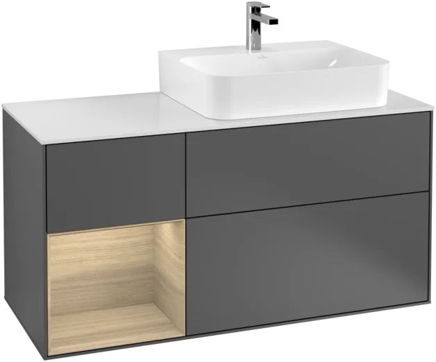 VILLEROY BOCH Toaletní skříňka Finion, s osvětlením, 3 výsuvy, 1200 x 603 x 501 mm, antracit matný lak / dubová dýha / sklo bílé matné #F141PCGK