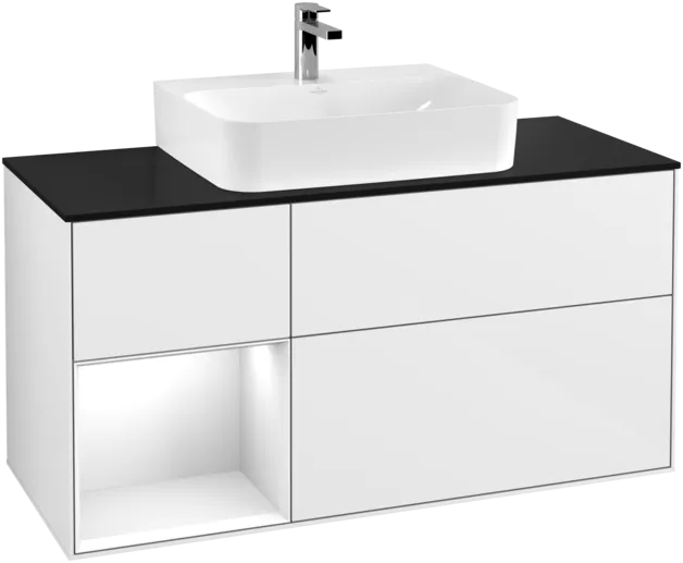 VILLEROY BOCH Toaletní skříňka Finion, s osvětlením, 3 výsuvy, 1200 x 603 x 501 mm, lesklý bílý lak / lesklý bílý lak / sklo černé matné #F162GFGF