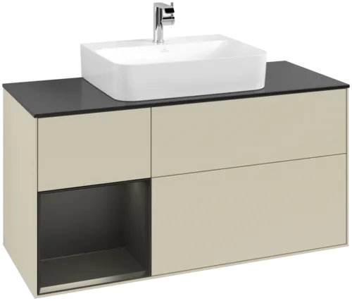 VILLEROY BOCH Toaletní skříňka Finion, s osvětlením, 3 výsuvy, 1200 x 603 x 501 mm, hedvábně šedý matný lak / černý matný lak / černé matné sklo #F162PDHJ