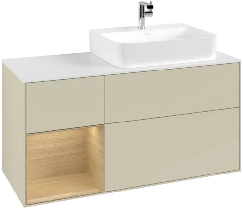 VILLEROY BOCH Toaletní skříňka Finion, s osvětlením, 3 výsuvy, 1200 x 603 x 501 mm, hedvábně šedý matný lak / dubová dýha / bílé matné sklo #F141PCHJ
