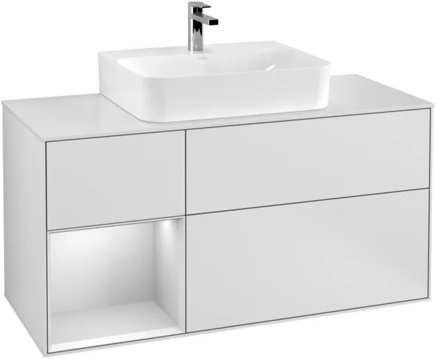 VILLEROY BOCH Toaletní skříňka Finion, s osvětlením, 3 výsuvy, 1200 x 603 x 501 mm, bílý matný lak / bílý matný lak / sklo bílé matné #F161MTMT