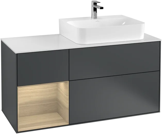 VILLEROY BOCH Toaletní skříňka Finion, s osvětlením, 3 výsuvy, 1200 x 603 x 501 mm, matný lak Midnight Blue / dubová dýha / matné bílé sklo #F141PCHG