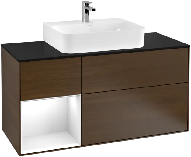 VILLEROY BOCH Toaletní skříňka Finion, s osvětlením, 3 výsuvy, 1200 x 603 x 501 mm, ořechová dýha / lesklý bílý lak / sklo černé matné #F162GFGN