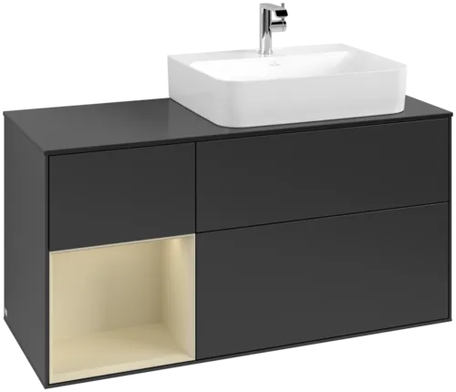VILLEROY BOCH Toaletní skříňka Finion, s osvětlením, 3 výsuvy, 1200 x 603 x 501 mm, černý matný lak / hedvábně šedý matný lak / černé matné sklo #F142HJPD