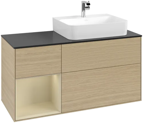 VILLEROY BOCH Toaletní skříňka Finion, s osvětlením, 3 výsuvy, 1200 x 603 x 501 mm, dubová dýha / hedvábně šedý matný lak / sklo černé matné #F142HJPC