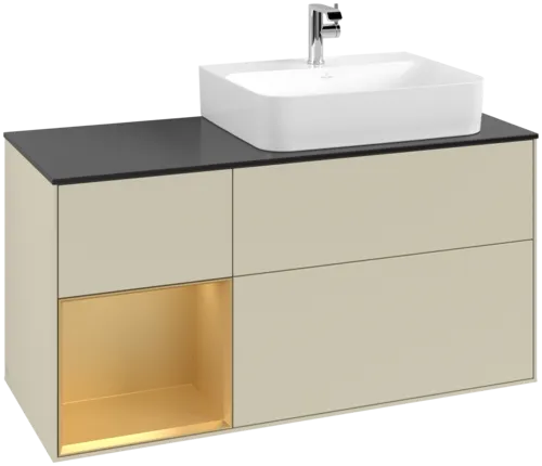 VILLEROY BOCH Toaletní skříňka Finion, s osvětlením, 3 výsuvy, 1200 x 603 x 501 mm, Silk Grey Matt Lacquer / Gold Matt Lacquer / Glass Black Matt #F142HFHJ