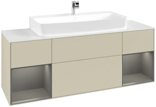VILLEROY BOCH Toaletní skříňka Finion, s osvětlením, 4 výsuvy, 1600 x 603 x 501 mm, hedvábně šedý matný lak / antracitový matný lak / bílé matné sklo #F211GKHJ