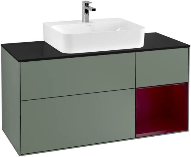 VILLEROY BOCH Toaletní skříňka Finion, s osvětlením, 3 výsuvy, 1200 x 603 x 501 mm, olivový matný lak / pivoňkový matný lak / černé matné sklo #F172HBGM