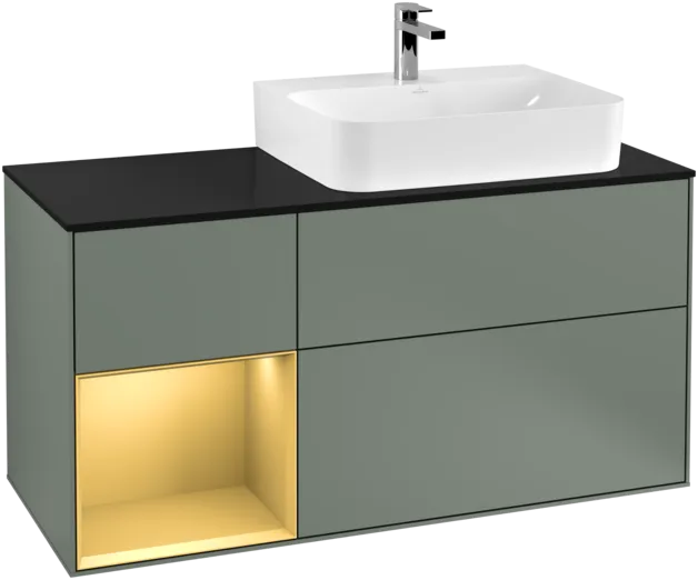 VILLEROY BOCH Toaletní skříňka Finion, s osvětlením, 3 výsuvy, 1200 x 603 x 501 mm, olivový matný lak / zlatý matný lak / černé matné sklo #F142HFGM