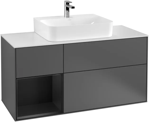 VILLEROY BOCH Toaletní skříňka Finion, s osvětlením, 3 výsuvy, 1200 x 603 x 501 mm, antracitový matný lak / černý matný lak / bílé matné sklo #F161PDGK